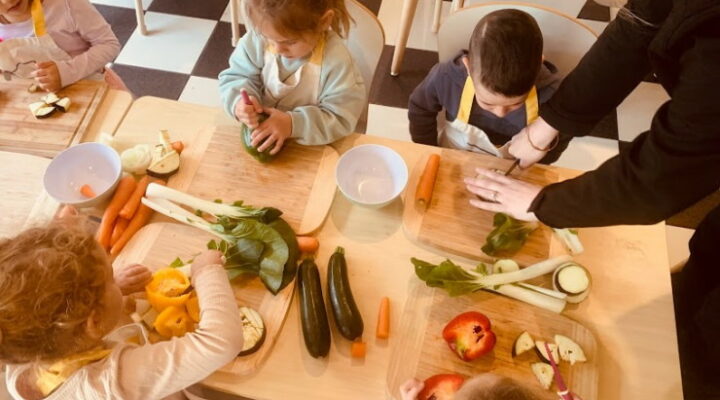Children touching, playing and experiencing fruit and vegetables part of the Munch and Move program at Grace Village Early Learning
